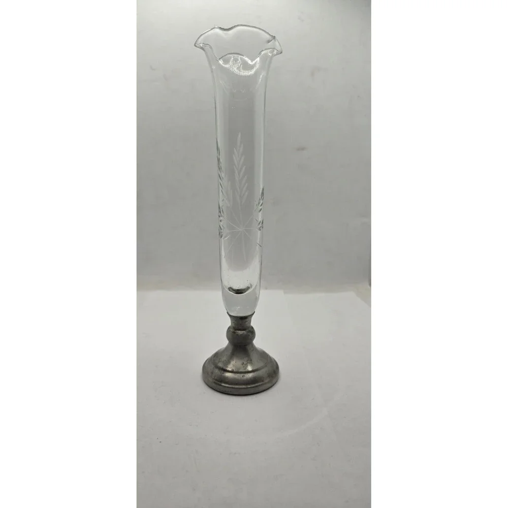 Vintage Crystal Bud Vase Web Wheat Etch Fluted Sterling Silver Base 10.75